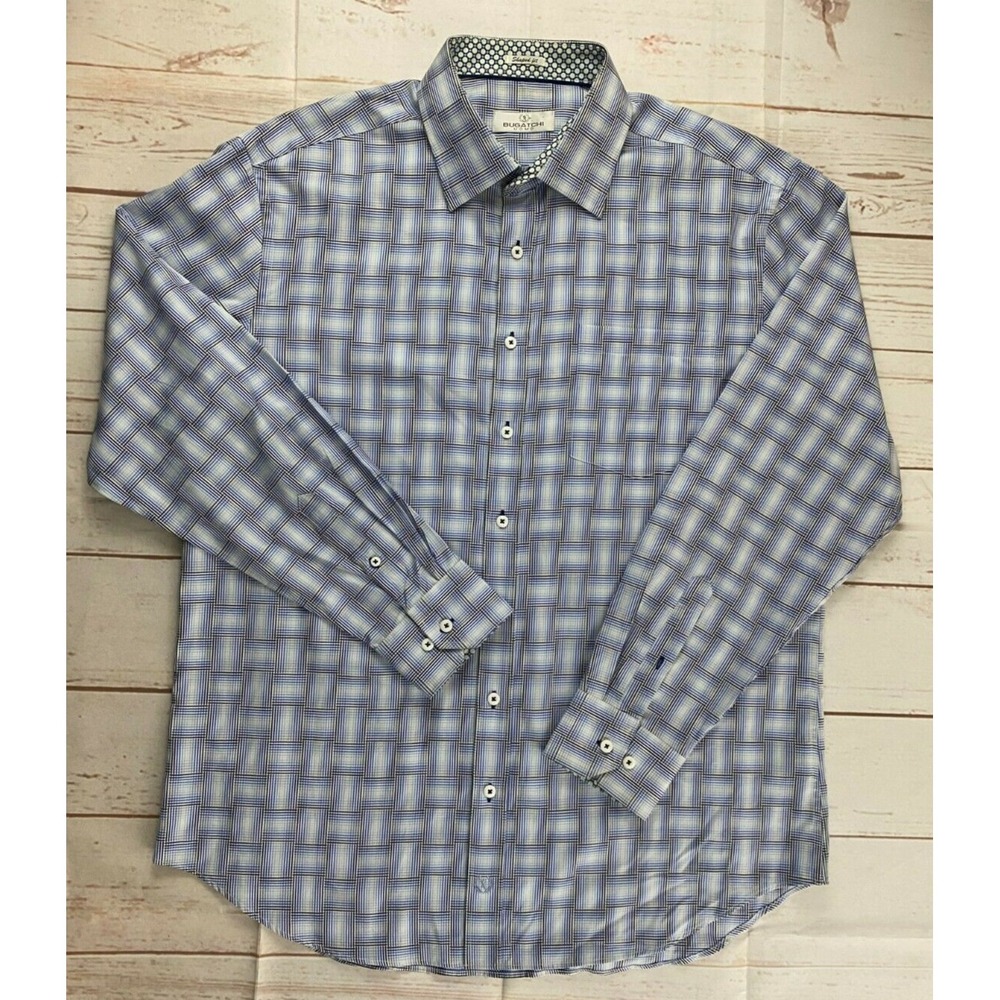 Bugatchi Uomo Mens Shirt Sz XXL Shaped Fit Button Front Pattern Cuff Blue Plaid
